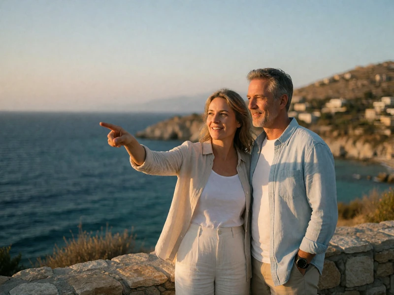 Couple in their late forties standing beside a low stone wall at a Cypriot coastal viewpoint overlooking the sea