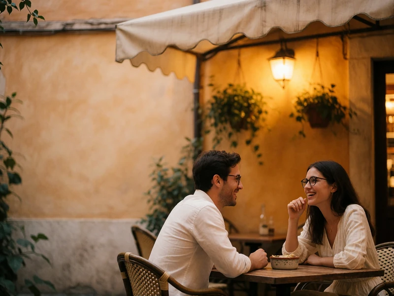 Couple laughing together at a small outdoor trattoria table in Rome under a canvas awning