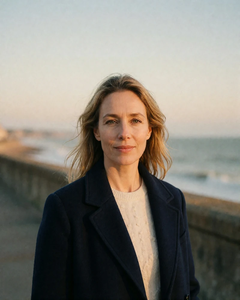 Verified Belgian member from Ostend with dark blonde hair in a navy wool coat on a windswept coastal promenade
