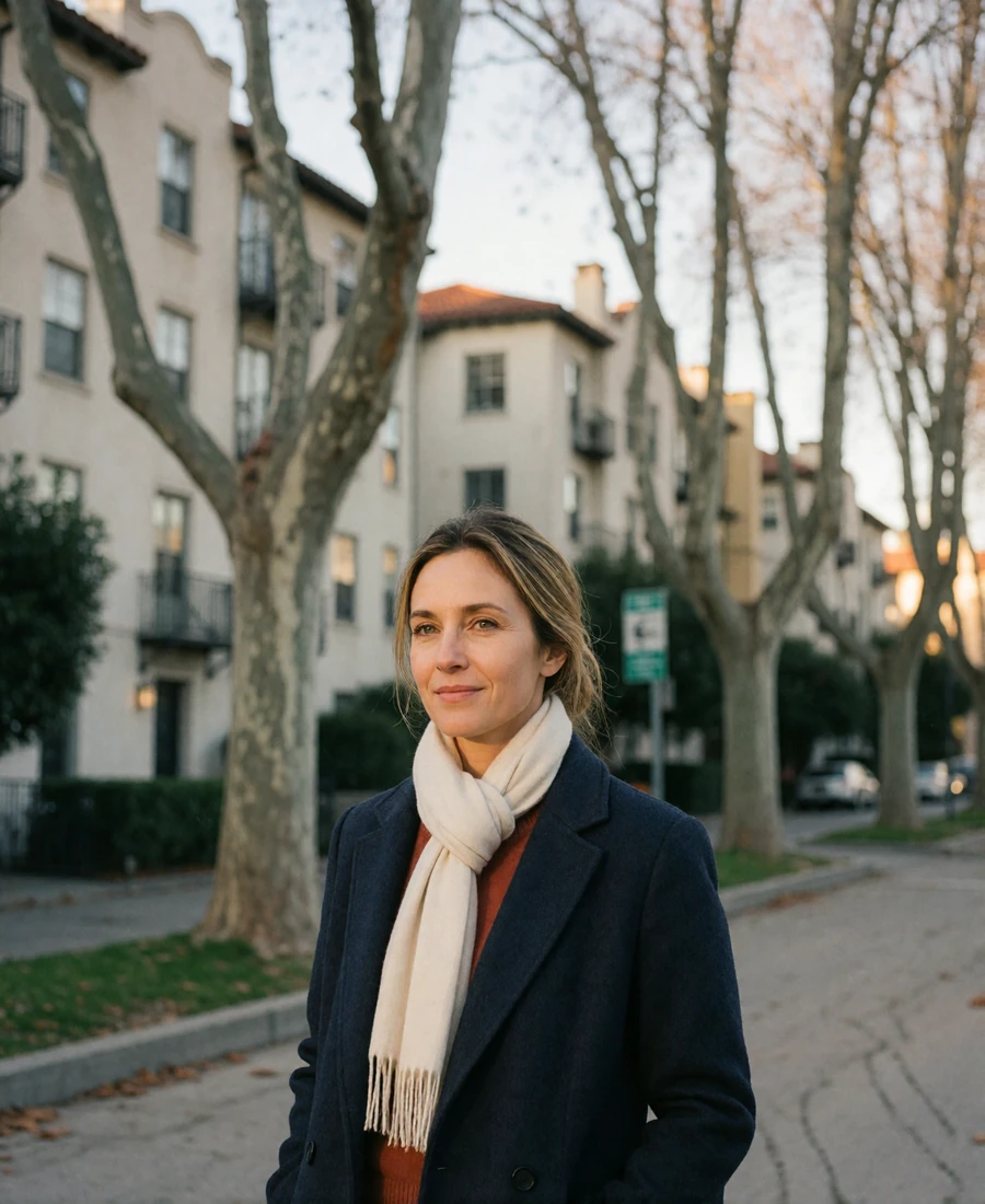 German woman in her early forties in a charcoal coat on a broad tree-lined city boulevard