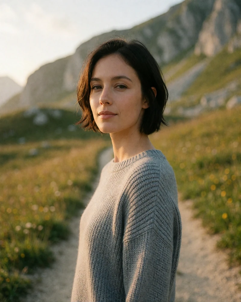 Verified Swiss member with short dark hair in a grey knit sweater standing on an alpine meadow trail