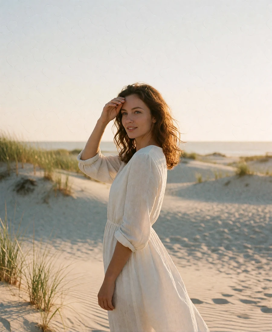 Lithuanian woman in an off-white linen dress standing on the pale sand dunes of the Curonian Spit