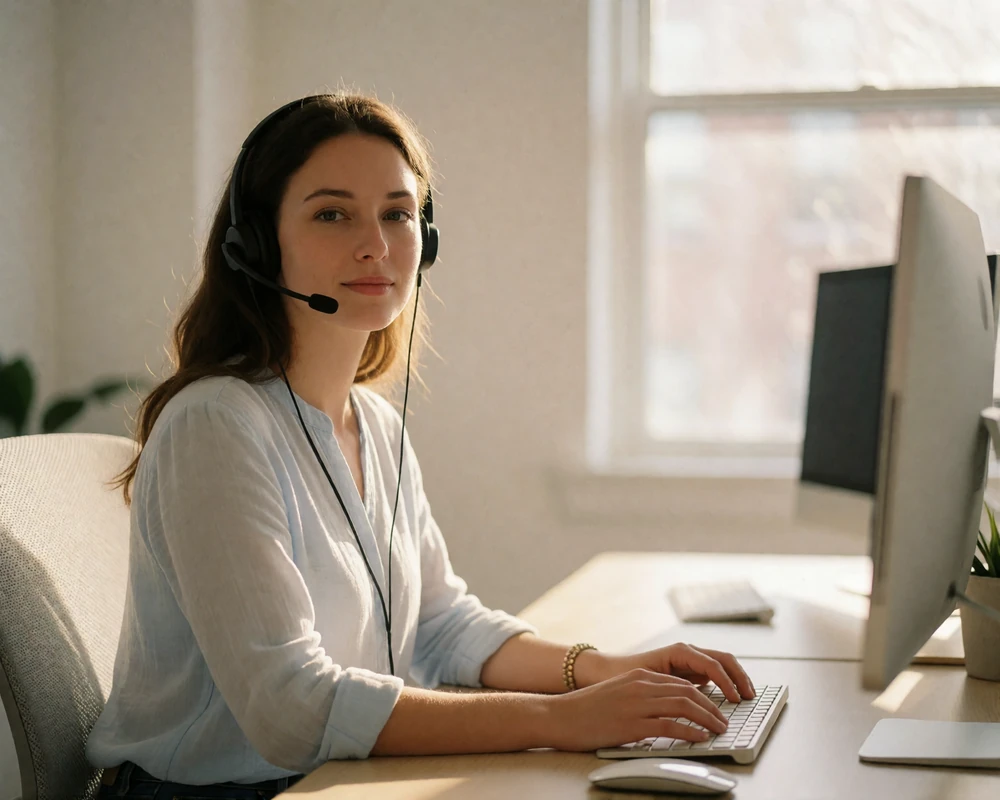 Member support specialist wearing a headset at a bright office desk, ready to assist a platform member