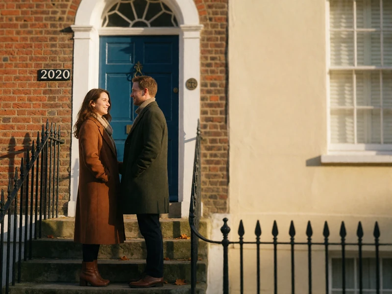 Couple standing together on the stone steps of a Georgian townhouse doorway in autumn coats