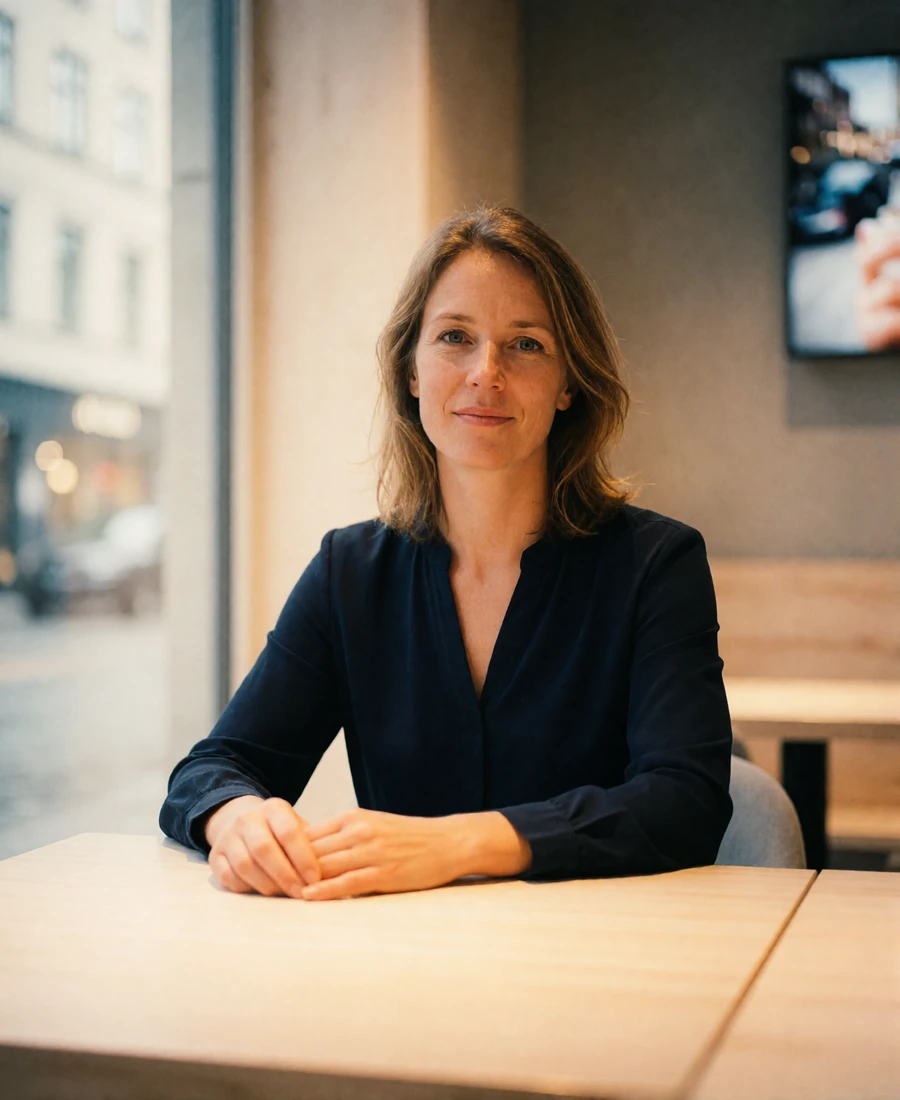 Verified Norwegian member with shoulder-length light brown hair seated at a bright minimalist café table