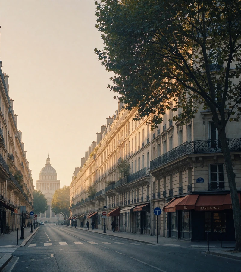 Wide tree-lined Parisian boulevard of cream Haussmann facades receding toward a distant domed monument