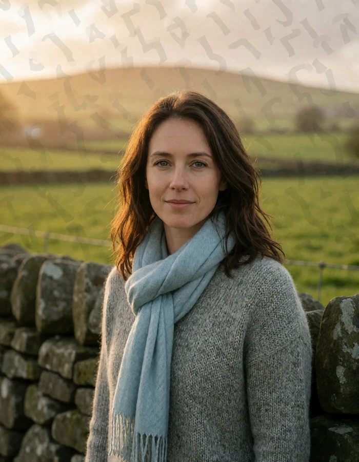 Verified Irish member from the Irish countryside with brown hair standing beside a dry stone wall
