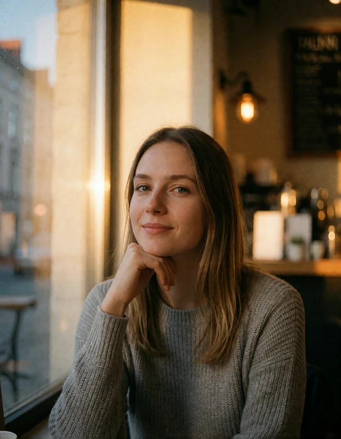 Verified Estonian member with straight dark-blonde hair sitting near a café window with warm afternoon light