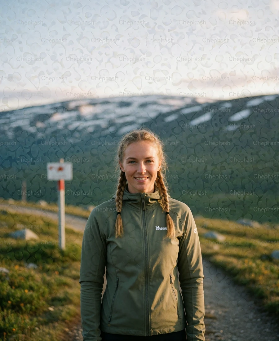 Verified Norwegian member with braided fair hair standing on a highland trail with distant snow-streaked peaks