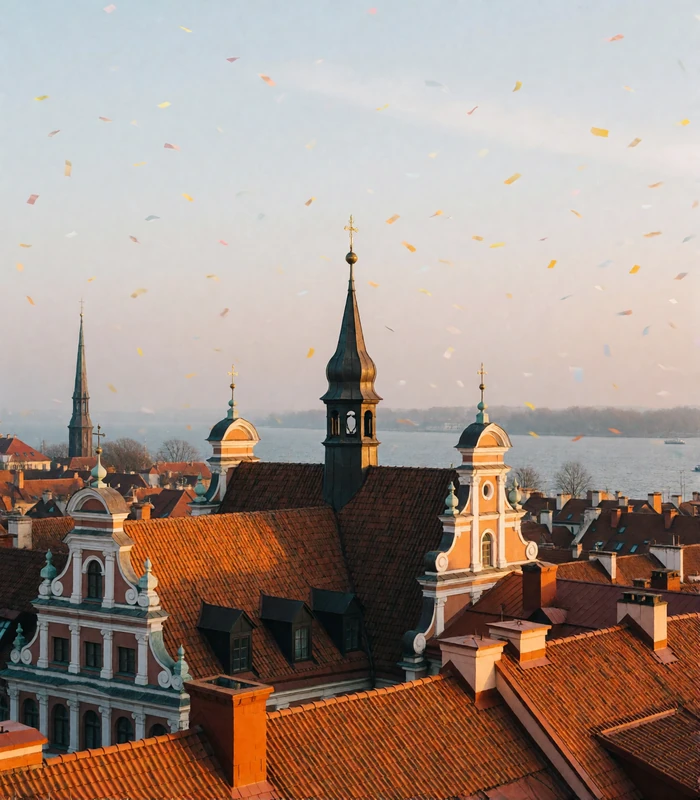 Red-tiled rooftops and dark church spires of Riga old town in Latvia at golden hour