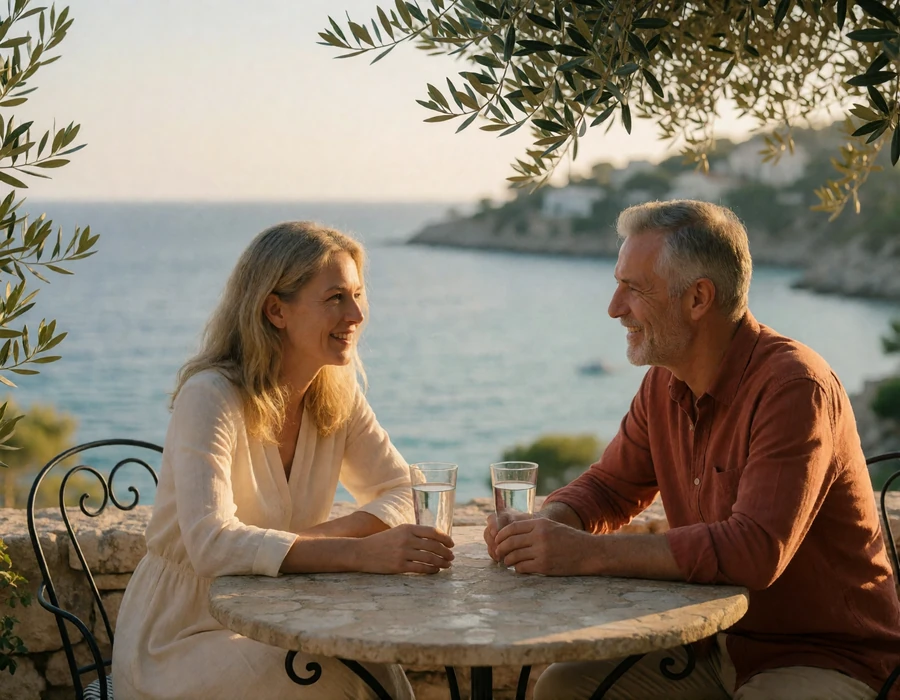 Couple in their late forties sitting at a small stone terrace table overlooking a calm Mediterranean bay