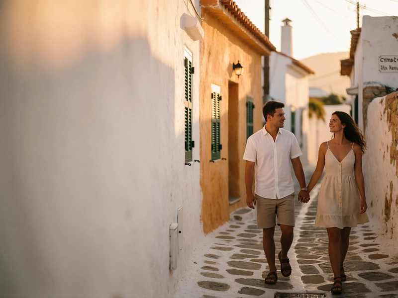 Couple walking hand in hand down a narrow Cypriot village lane of whitewashed and ochre walls