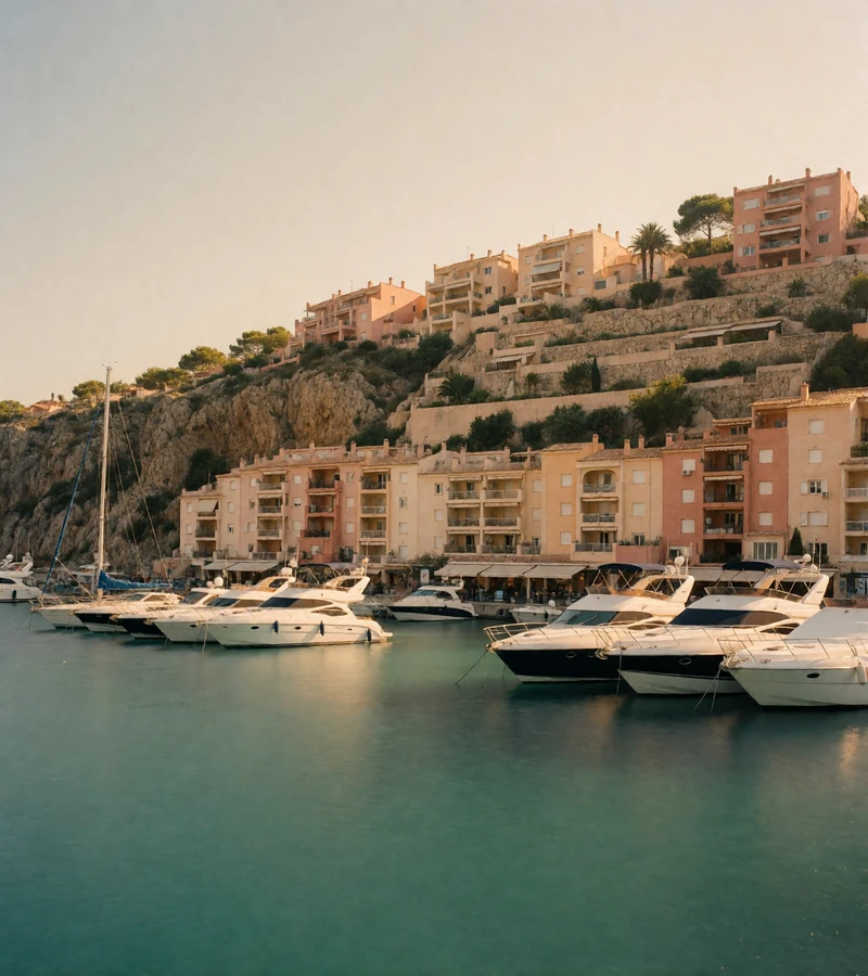 Sheltered Mediterranean harbor with rows of white yachts below terraced pastel apartment buildings