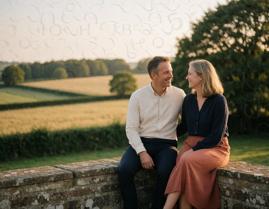 Couple in their late forties sitting together on a stone terrace overlooking farmland and hedgerows