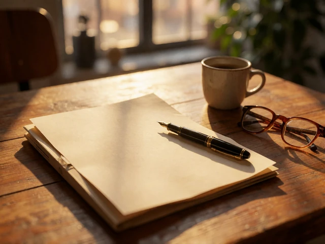 Sunlit desk with a blank folder, fountain pen and reading glasses, representing paperwork for international couples