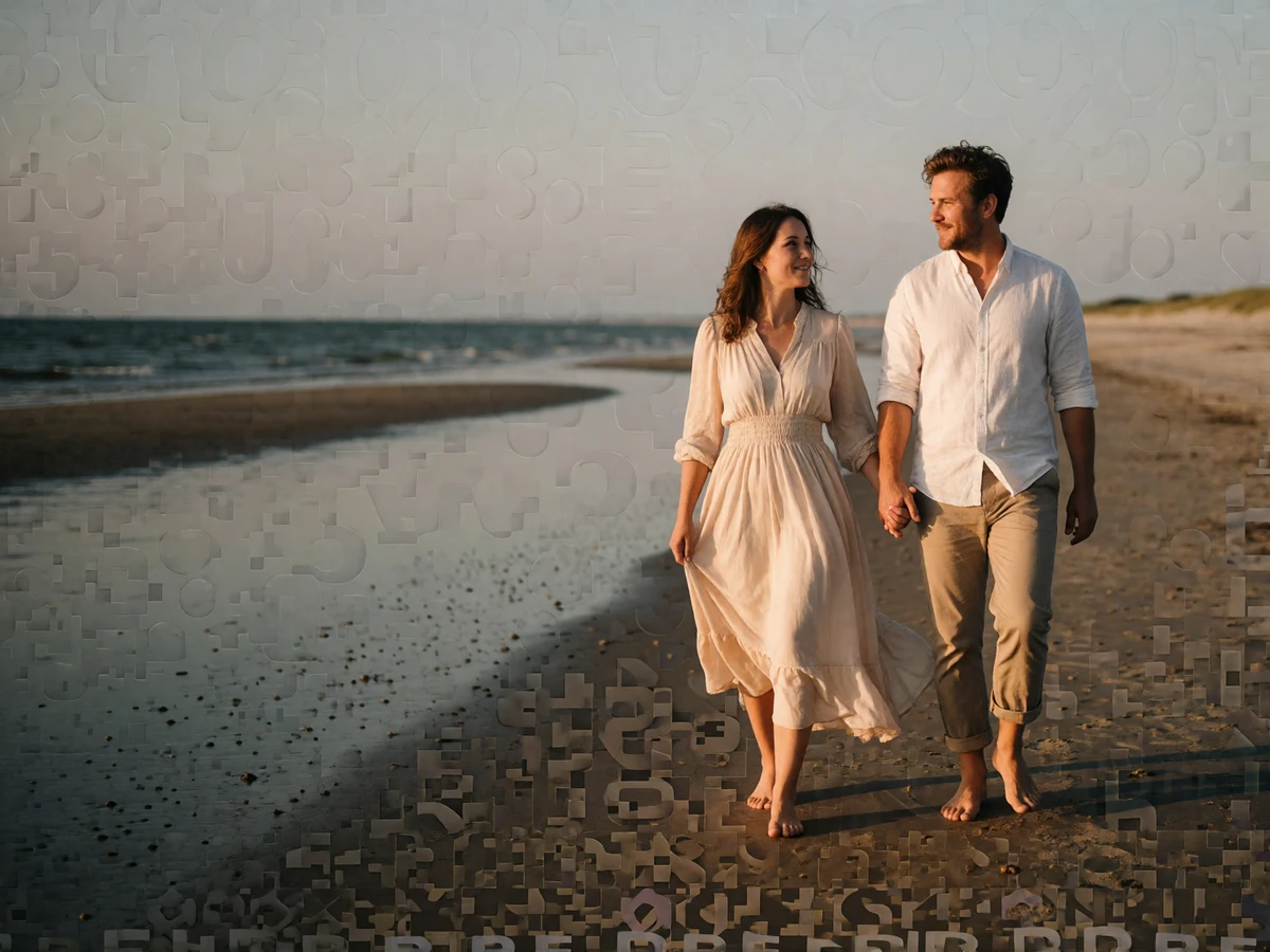 Couple in their late thirties walking barefoot along a wide Danish beach at low tide during golden evening light