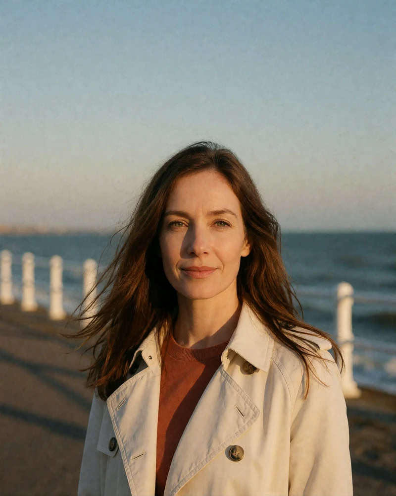 Verified British member from Brighton with chestnut hair in a light trench coat on a breezy seafront promenade