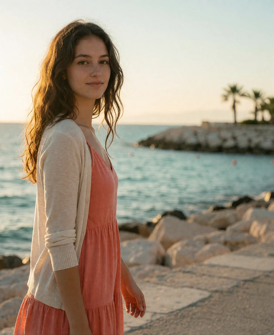 Cypriot woman with long wavy brown hair walking along a Mediterranean seaside promenade at golden hour