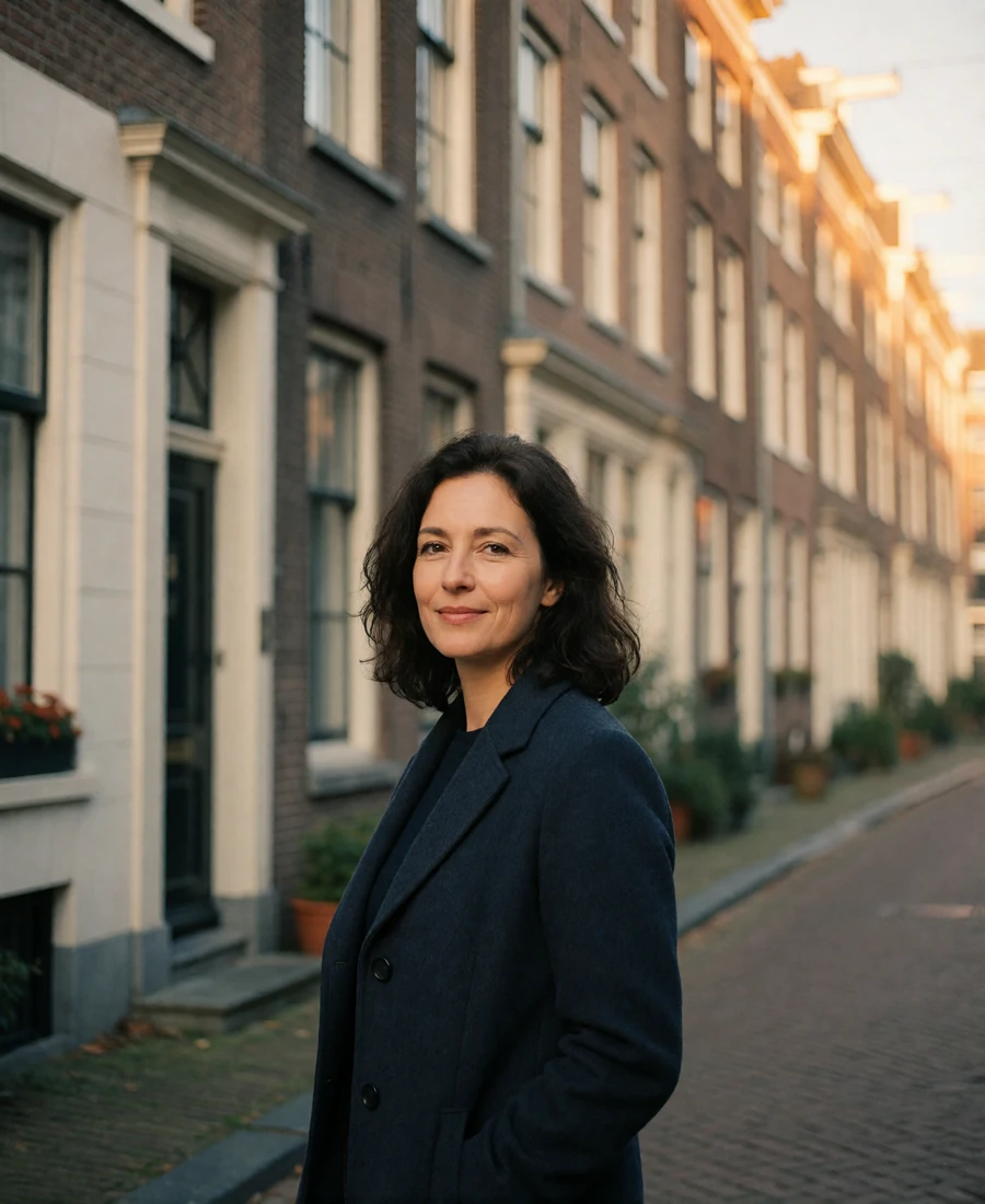 Belgian woman in her early forties with dark wavy hair on a narrow street of tall brick townhouses in Ghent