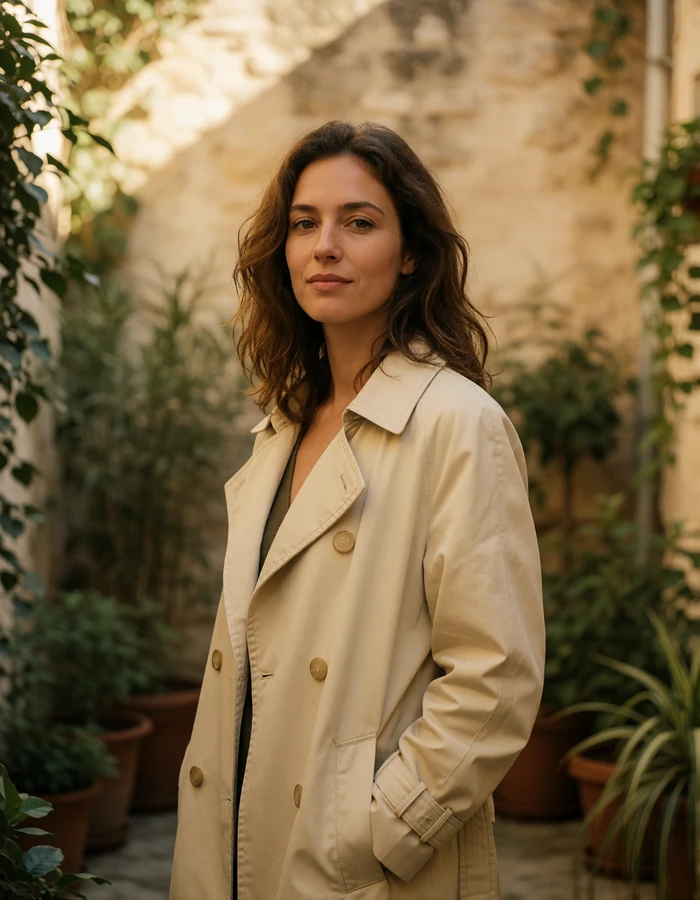 Verified San Marinese member with wavy shoulder-length hair standing in a sunlit stone courtyard with potted greenery