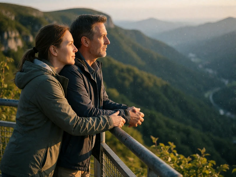 Couple in their forties standing at a mountain lookout railing overlooking a green valley in outdoor jackets