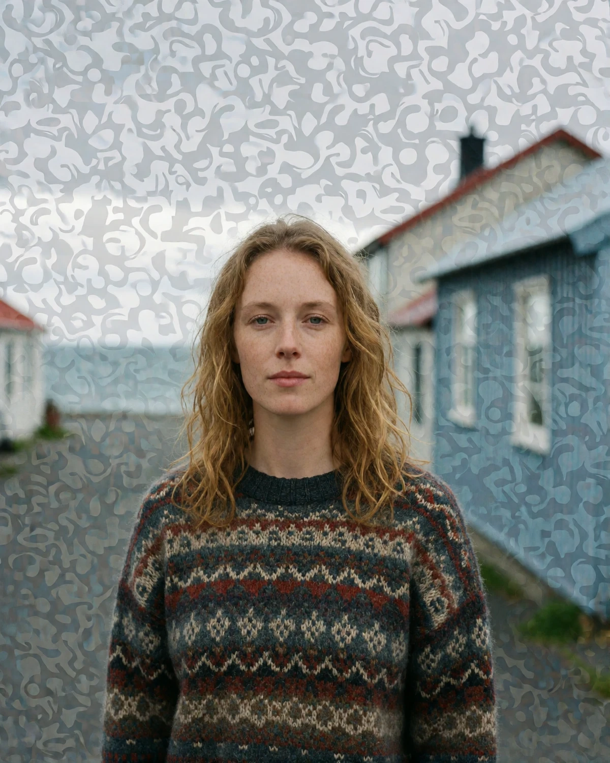 Icelandic woman in her early thirties with pale wavy hair standing on a quiet coastal town street