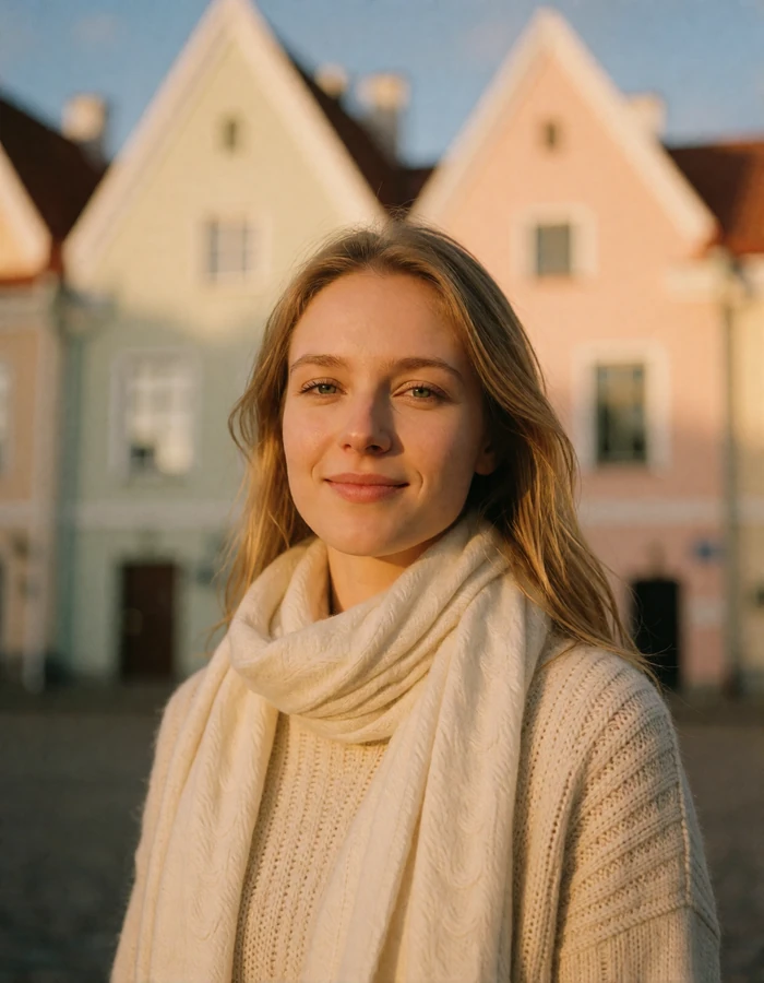 Verified Estonian member with fine blonde hair and an ivory scarf on a street of pastel gabled houses in Tallinn Town Hall Square