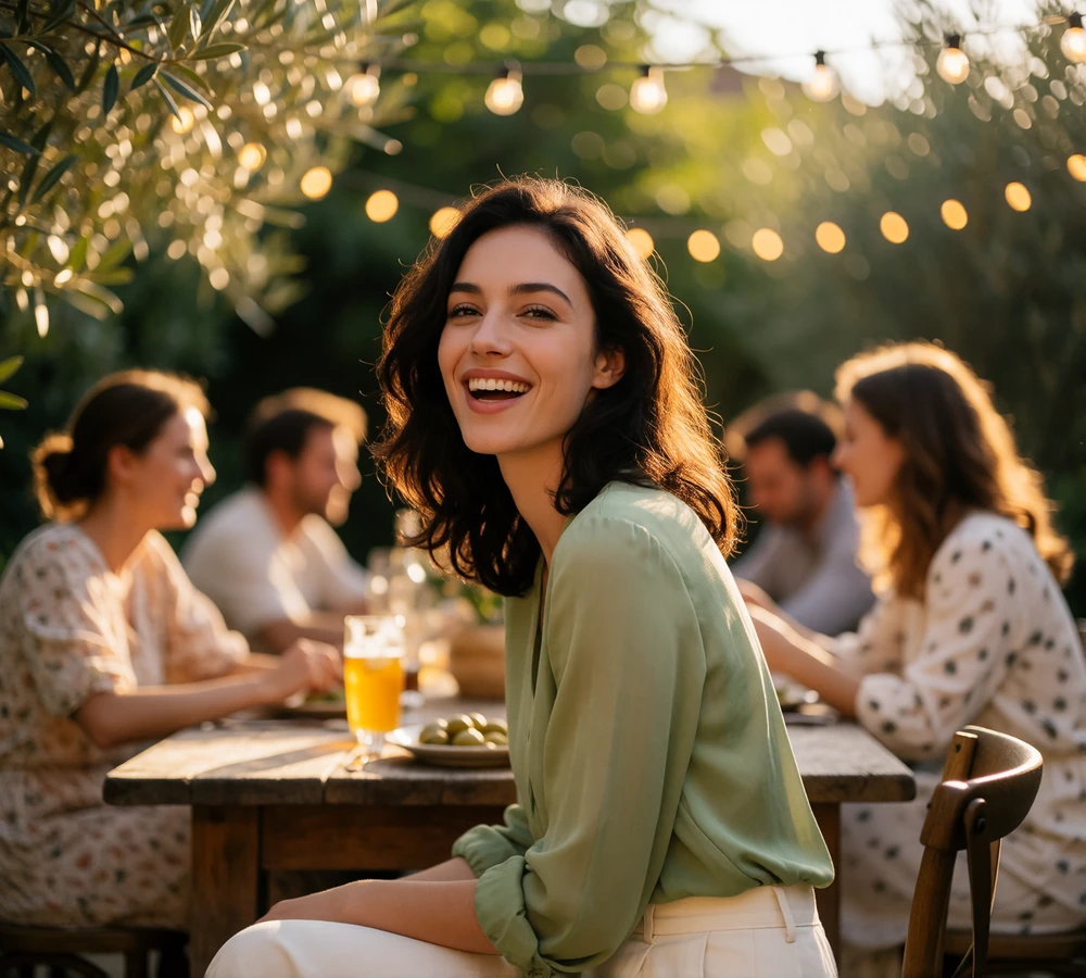 European woman with dark wavy hair laughing warmly at an outdoor family table during a golden-hour backyard gathering