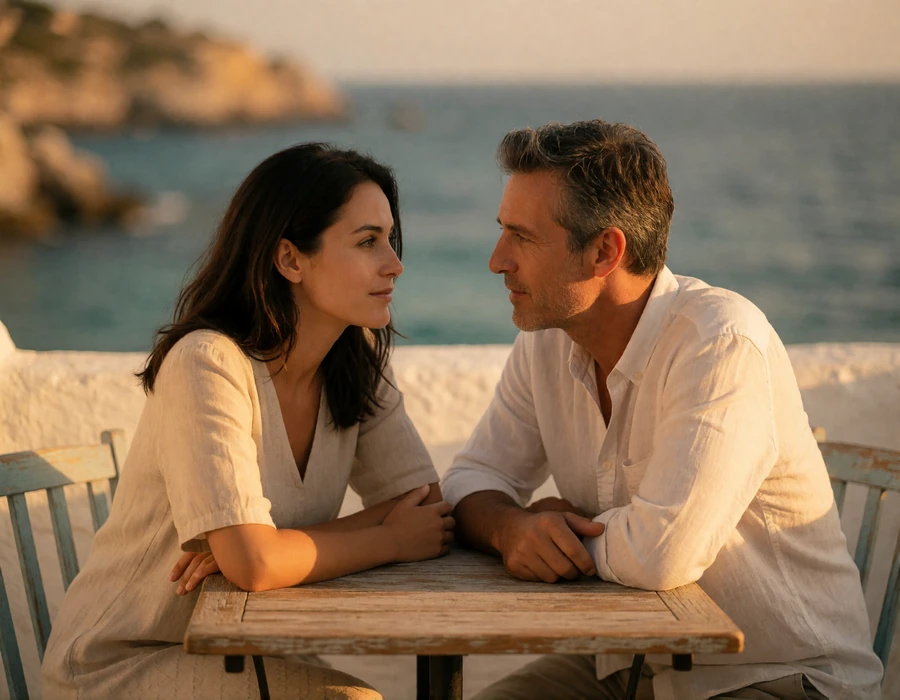 Woman and man in their late forties sitting close together at a seaside terrace table in warm evening light