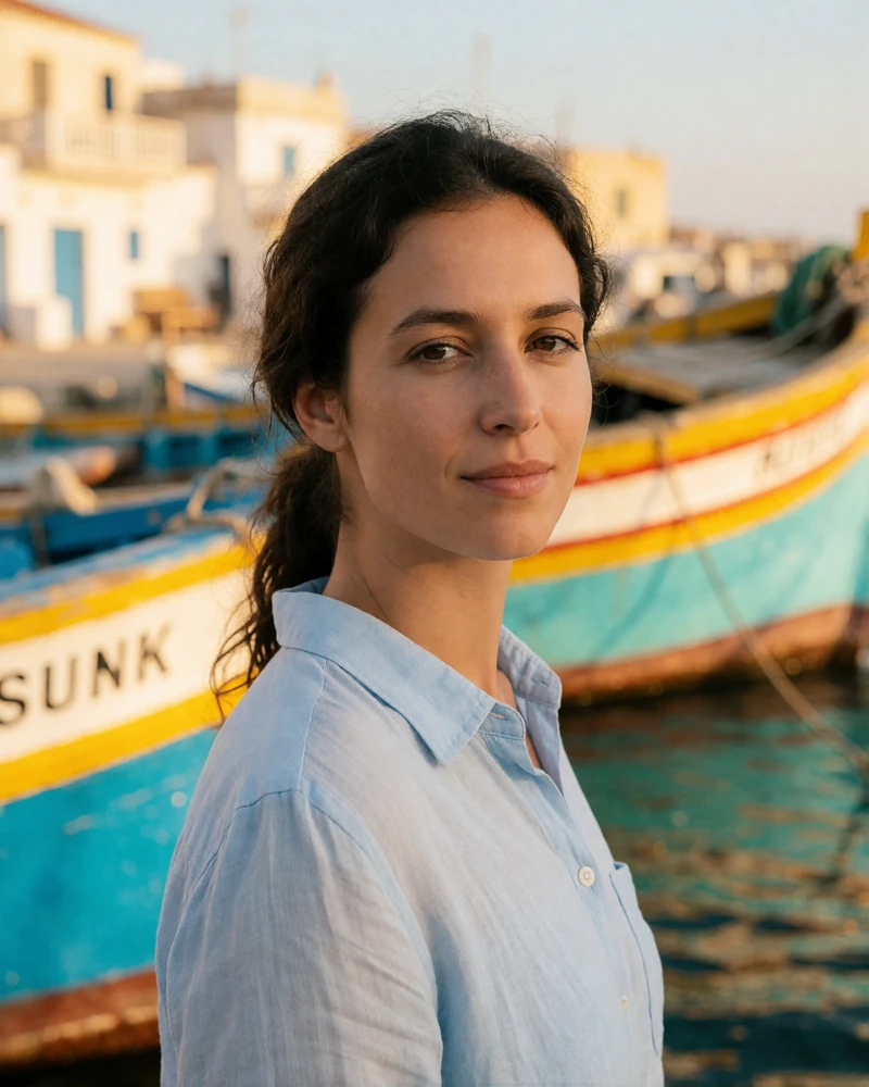 Verified Maltese member with dark hair tied back in a light blue linen shirt on the Marsaxlokk fishing village quay