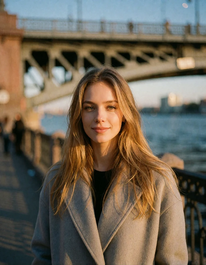 Verified Latvian member with long honey-blonde hair on a Riga riverside promenade with a steel bridge blurred behind her