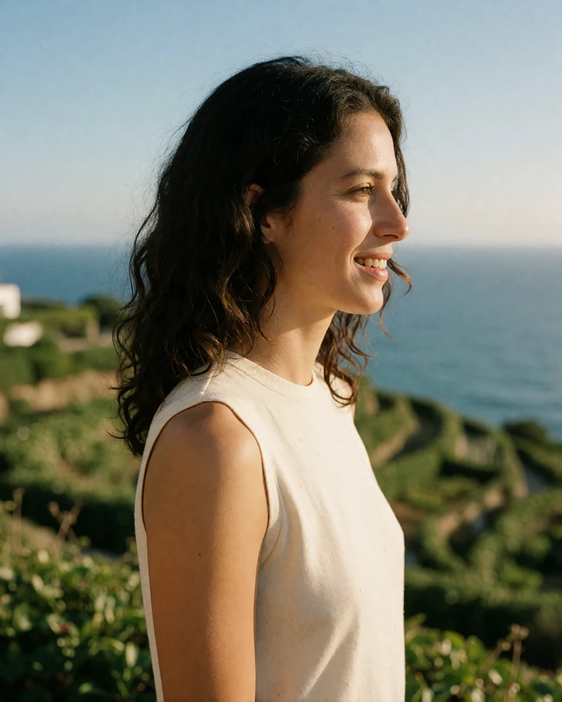 Verified Portuguese member with wavy dark hair in a cream top on a hillside terrace above the Atlantic in Madeira