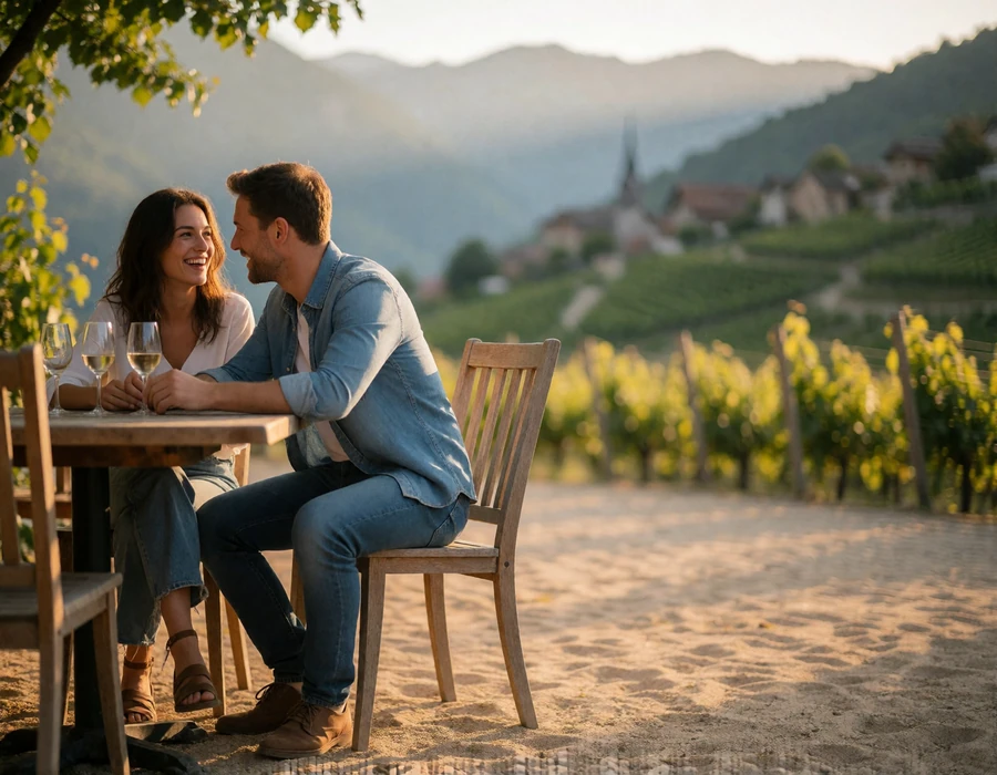 Couple sitting close together at a wooden terrace table in an alpine village, the woman leaning toward her partner with a warm laugh