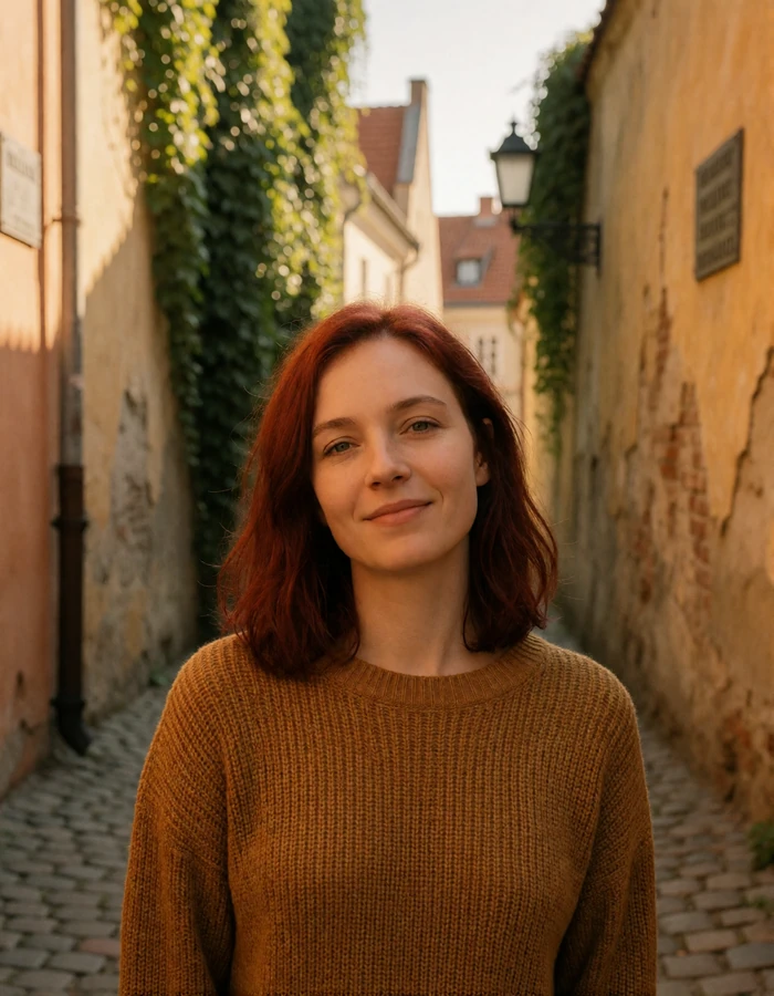 Verified Lithuanian member with auburn hair in a mustard knit sweater on a cobbled lane in the Užupis quarter