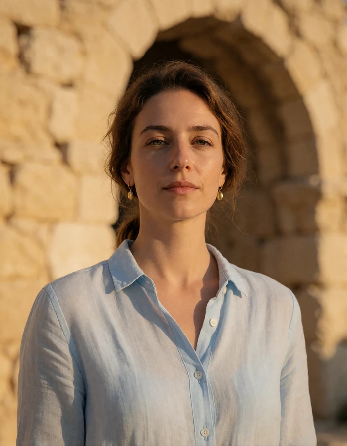 Verified Cypriot member from Paphos with tied-back chestnut hair standing against an ancient sunlit stone archway