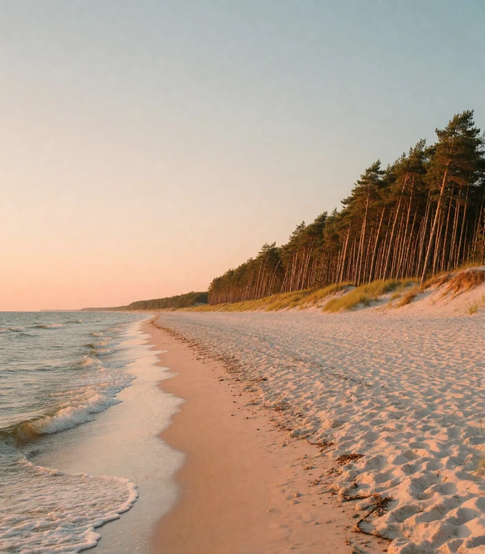 Wide pale sand beach at Jurmala in Latvia lined with tall pines at sunset