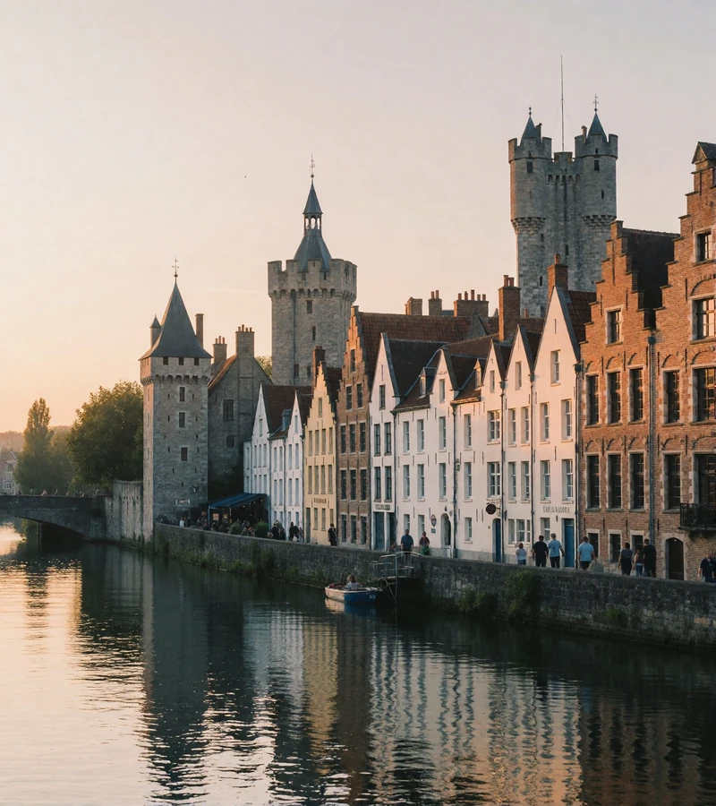 Historic Belgian waterfront of tall guild houses in grey stone and warm brick along a calm river at golden hour