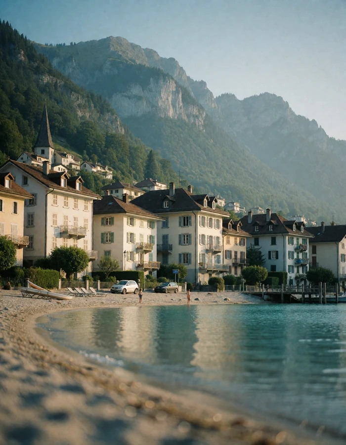 Pale Swiss lakeside townhouses along still water with steep green mountains behind them
