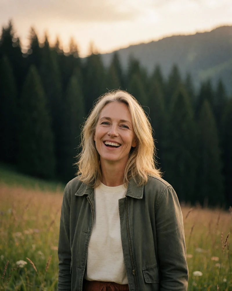 Verified German member from the Black Forest region with blonde hair in an olive jacket in an alpine meadow