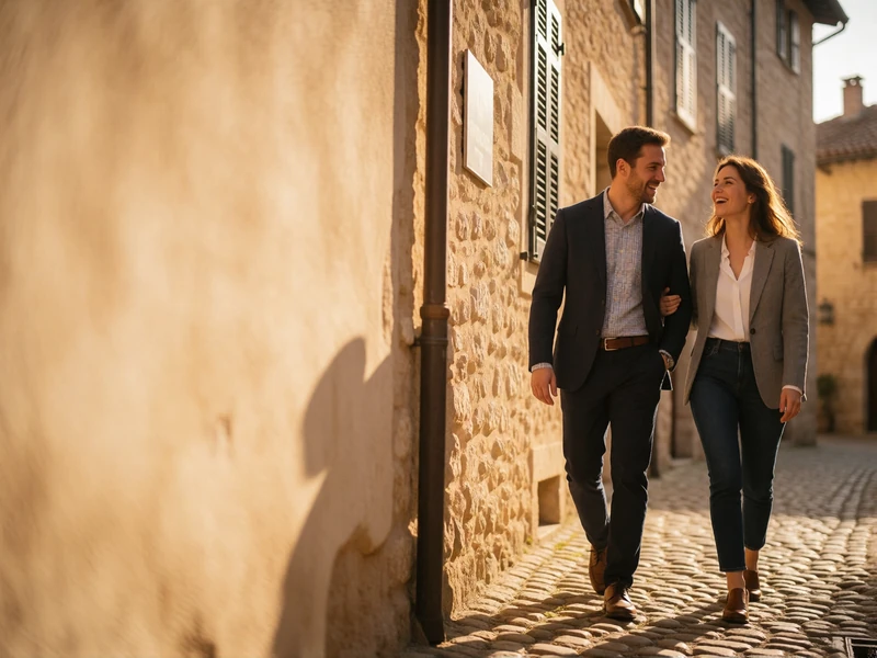 Couple walking side by side up a cobbled medieval lane, the woman laughing as the man says something