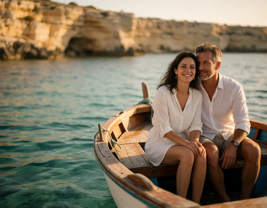 Couple in their forties sitting at the open stern of a small boat on clear Maltese water in late afternoon