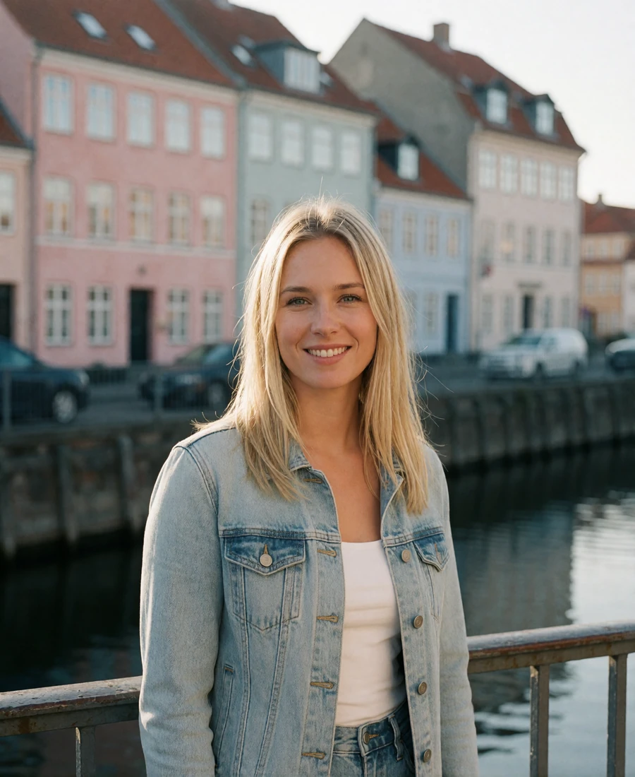 Verified Danish member with straight blonde hair in a denim jacket smiling beside a canal railing in Copenhagen
