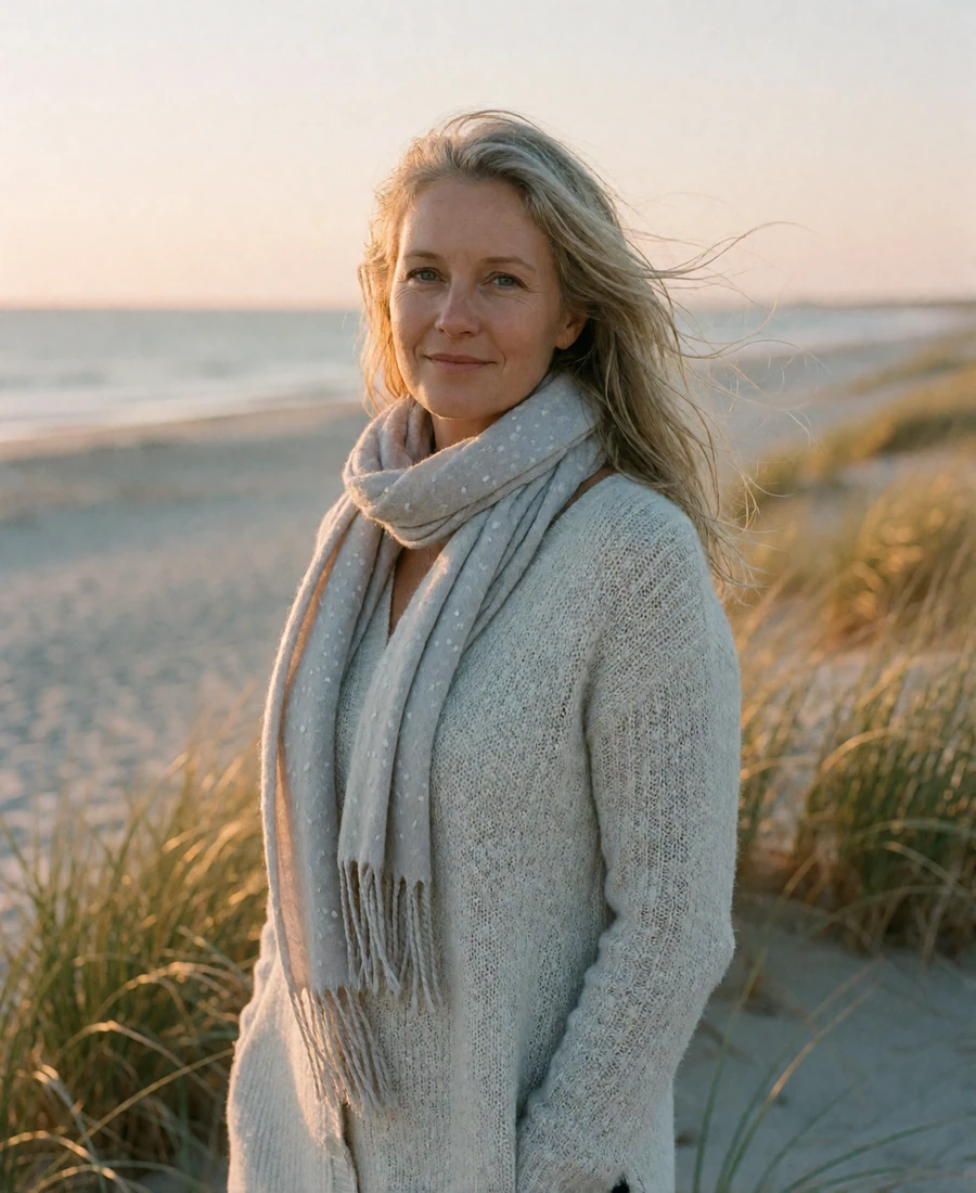 Verified Danish member with wind-touched fair hair standing among coastal dune grass at golden hour