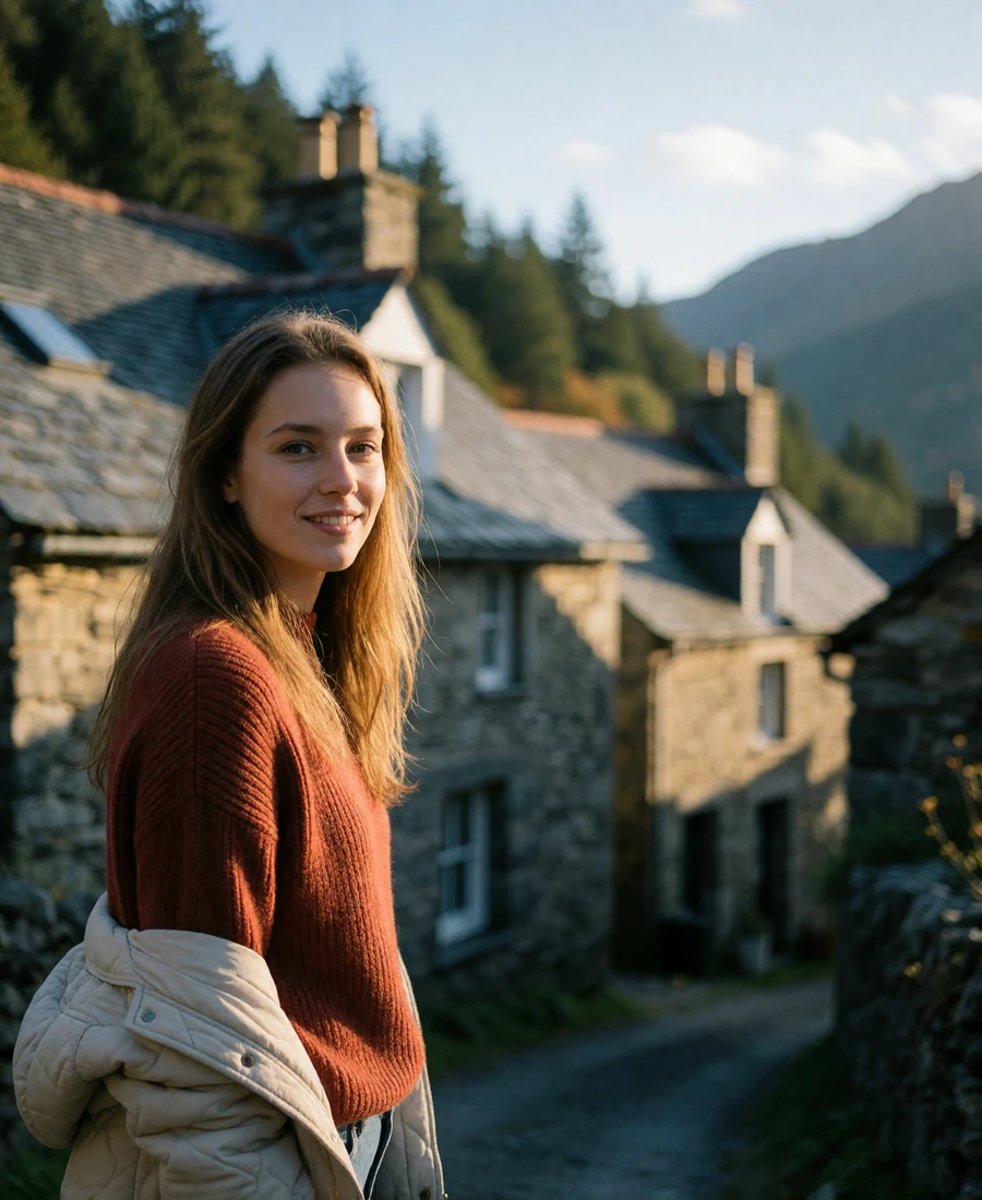 Woman in a rust-coloured sweater walking along a stone village lane with slate-roofed houses and a wooded Pyrenean slope behind her