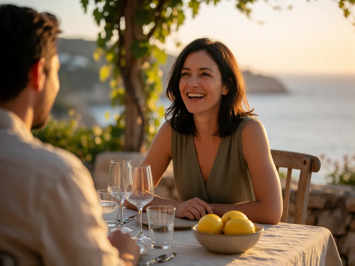 Woman in her forties laughing over dinner with her partner on a Mediterranean coastal terrace at sunset