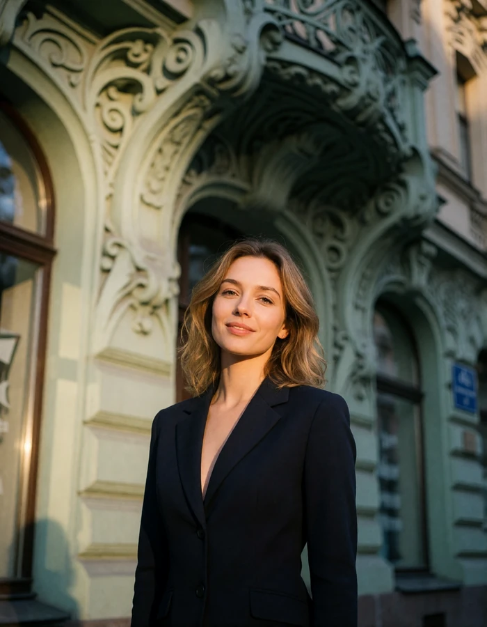 Verified Latvian member with dark blonde wavy hair on Alberta Street among Riga Art Nouveau facades