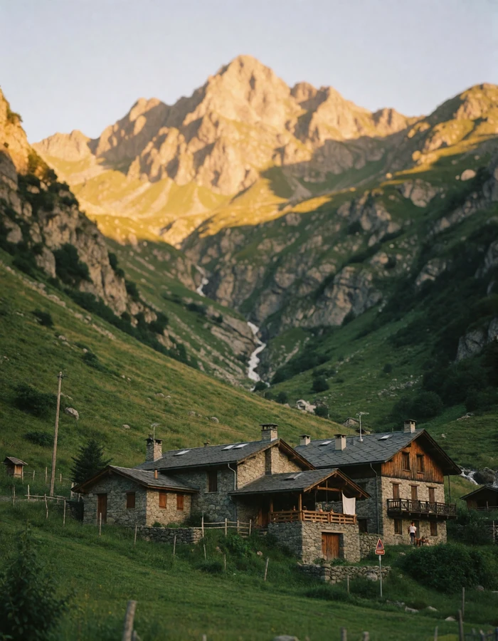 Green Pyrenean valley with stone houses below steep mountain peaks