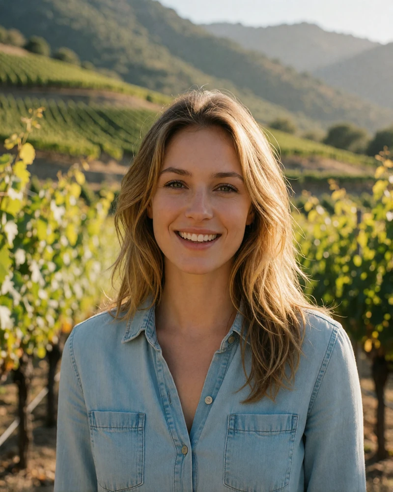 Verified member from Liechtenstein with honey-blonde hair standing among terraced vineyard rows in soft golden light