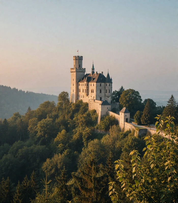 German hilltop castle with pale towers surrounded by dense green forest at warm morning light