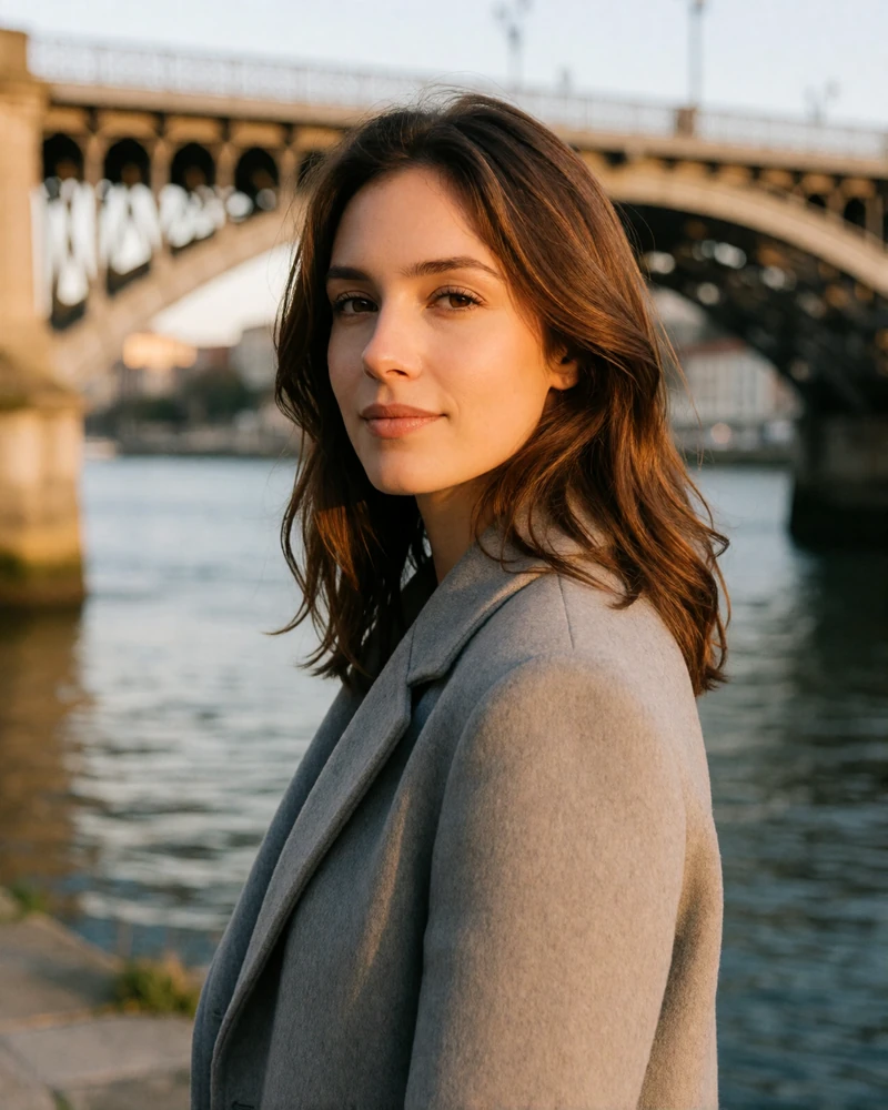 Verified Portuguese member with chestnut hair in a grey coat on a Porto riverside walkway with iron bridge arches behind her